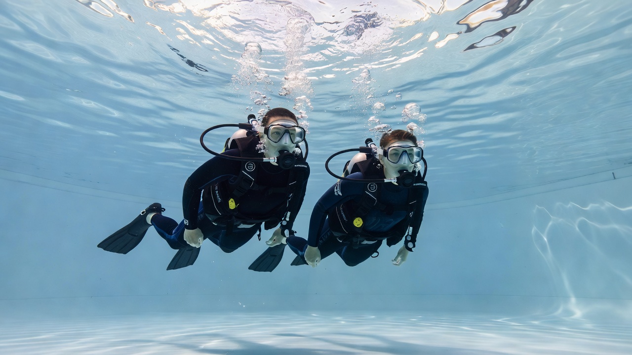 プール講習で中性浮力を練習する様子。まずは足の着く水深で、呼吸で浮き沈みを整えます。