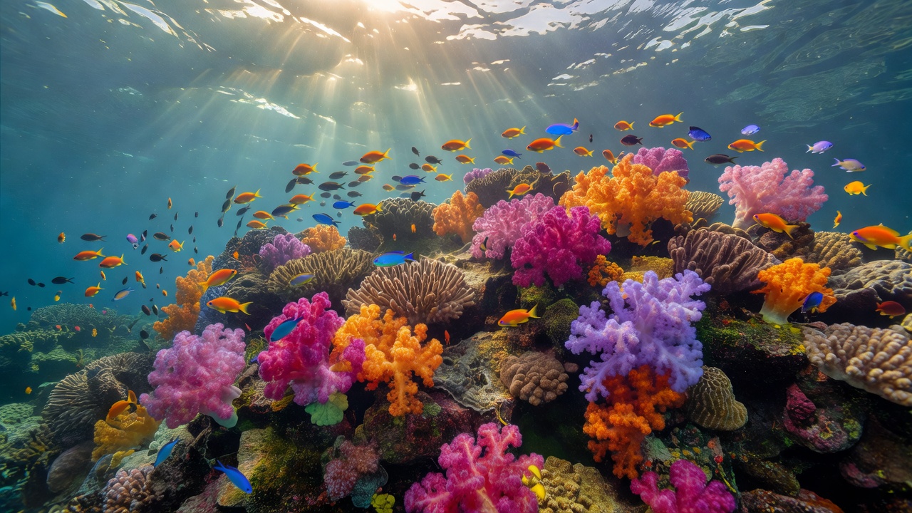 ソフトコーラルと魚の群れ。透明度の高い日に出会える、逗子・伊豆の海の景色です。