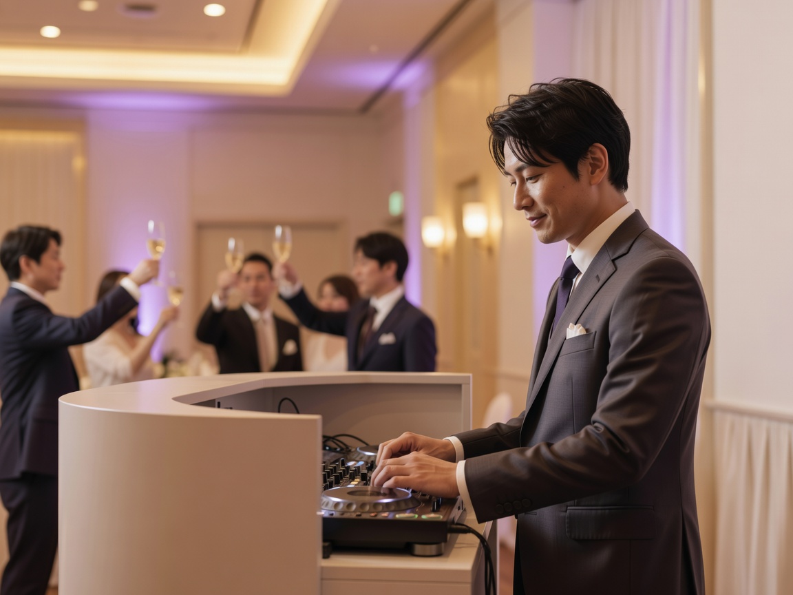 CDJとミキサーに手を置きフロアを見ながらプレイするDJの手元