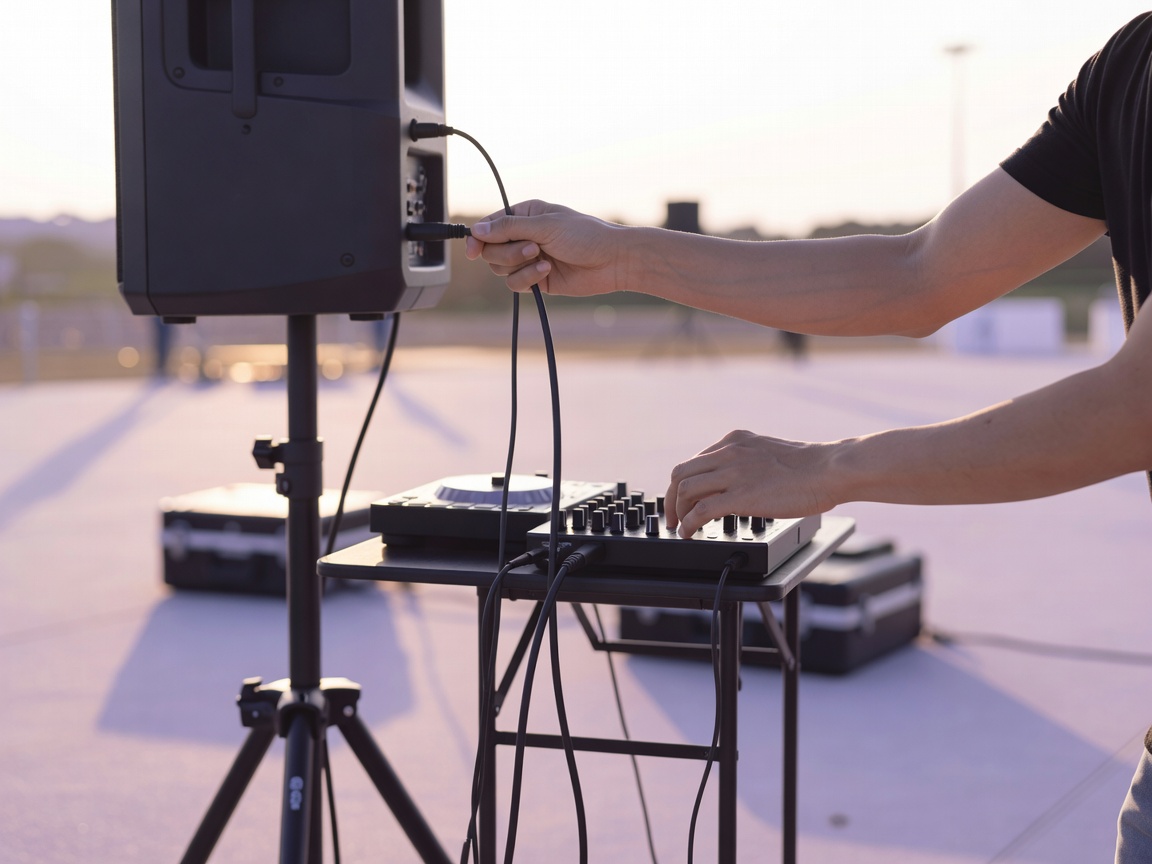 スピーカーと機材を持ち込んだ出張DJのセッティング一式