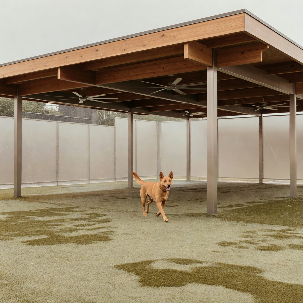 全天候型の屋根付きエリア ー 雨の日も猛暑日も、ここなら遊べます。夏は大型ファンとミストで涼しく