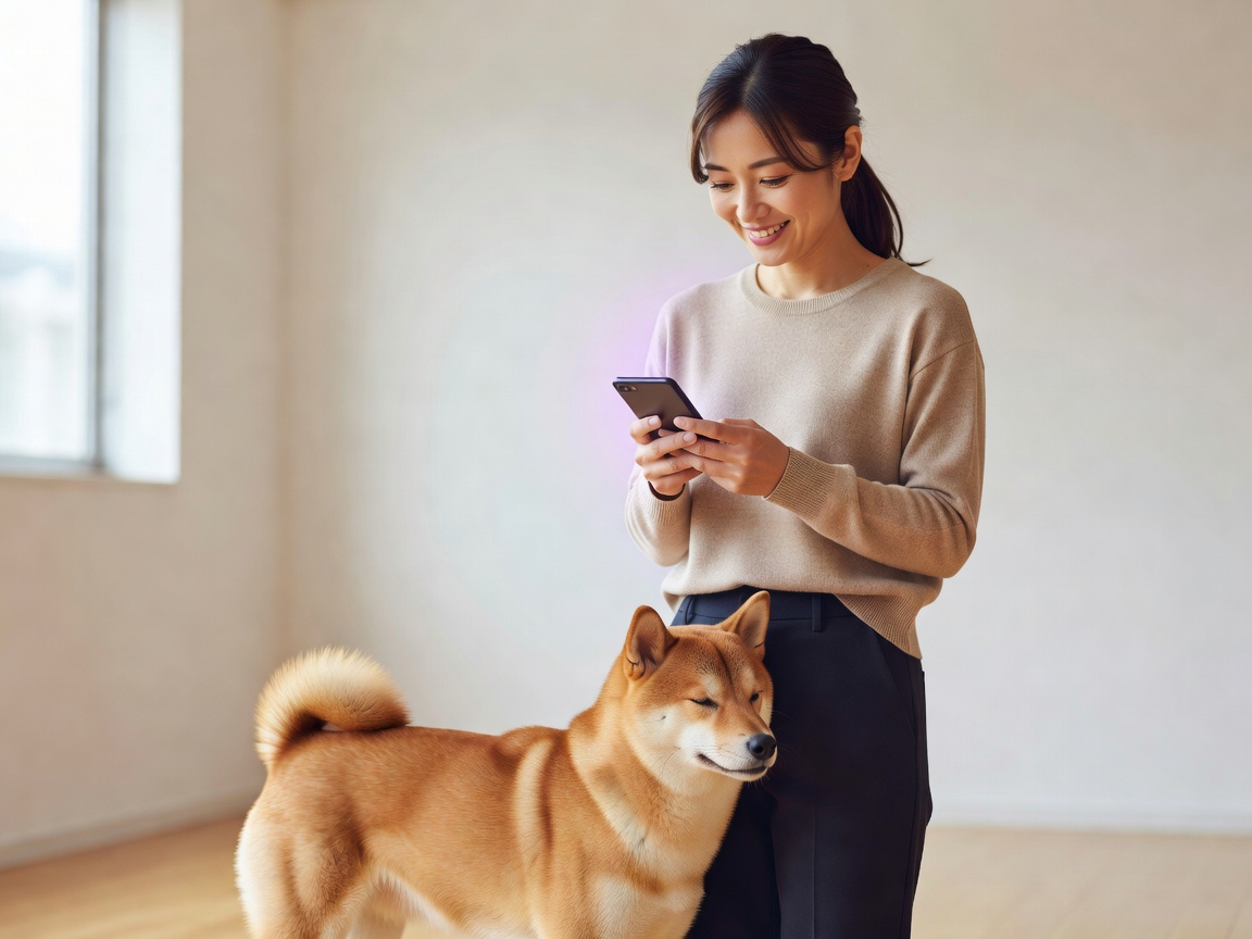 卒業した飼い主と愛犬が笑顔でリードを持ち並ぶ、しつけ完了の記念写真