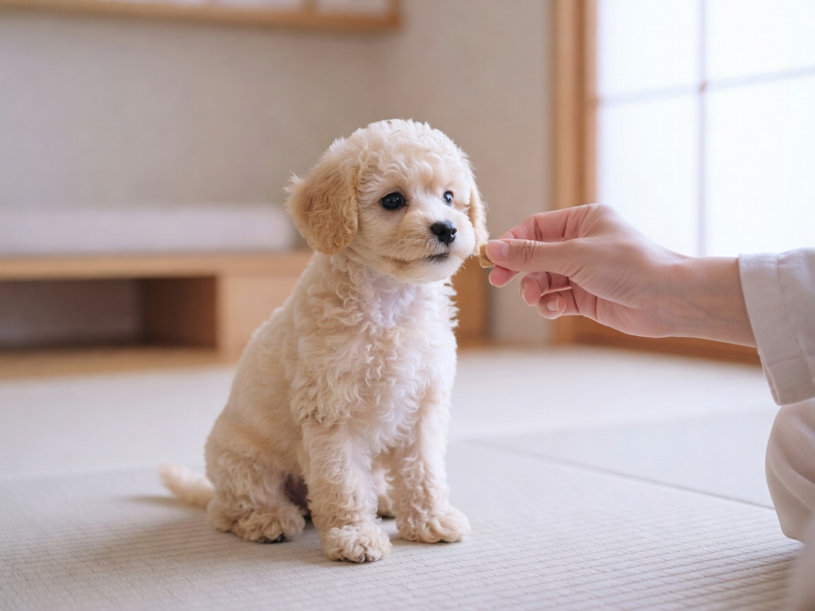 トレーナーがおやつを使い褒めながら子犬に「おすわり」を教える陽性強化のレッスン風景