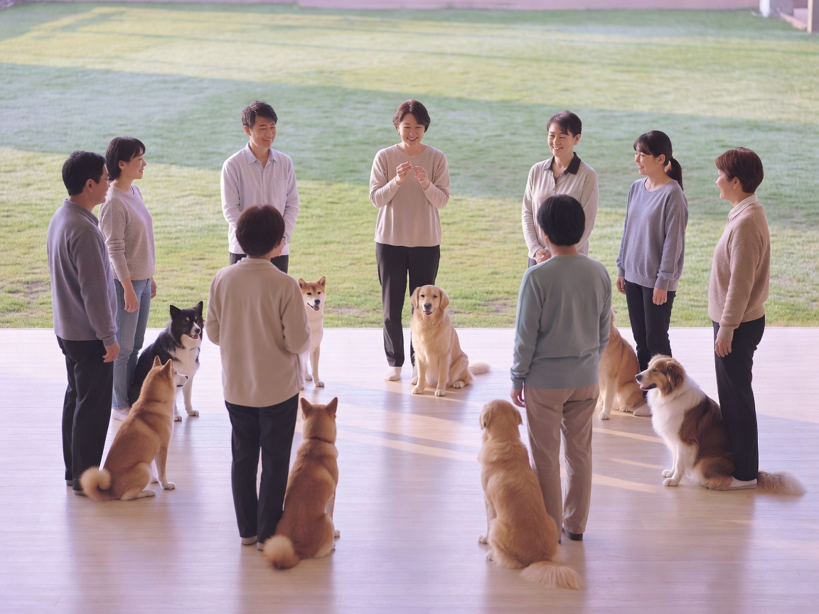 自然光の入る犬の幼稚園スペースで複数の犬が社会化トレーニングをする様子