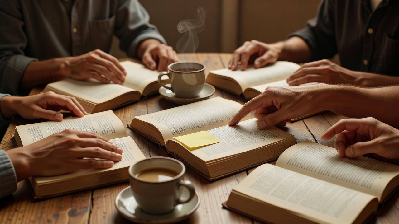 課題本を中央に置き、付箋を貼った本を持ち寄って語り合う車座の読書会