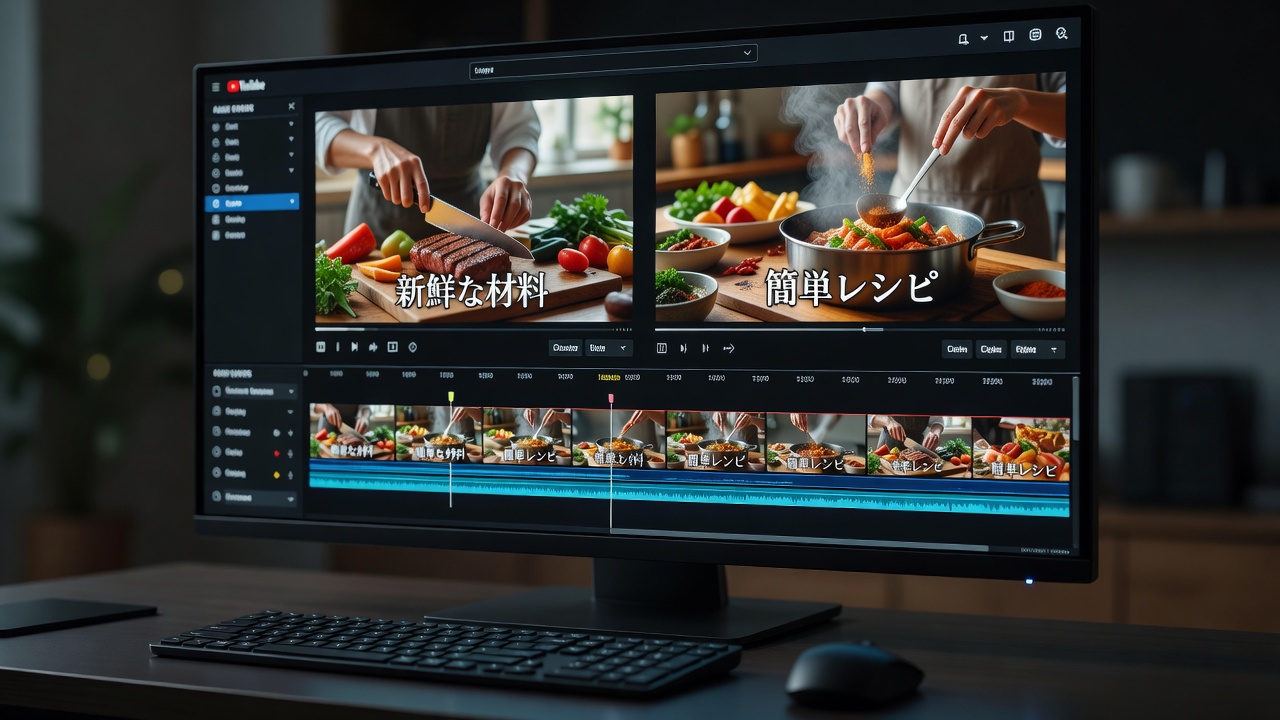 デュアルモニターに映る動画編集タイムラインと波形、暗い部屋のデスク