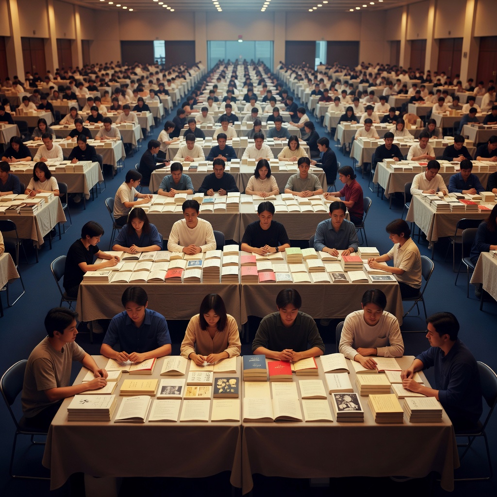 開場直後の会場全景。長机がまっすぐに島をつくり、180のサークルが一斉に頒布を始める、一日でいちばん静かで熱い瞬間です。