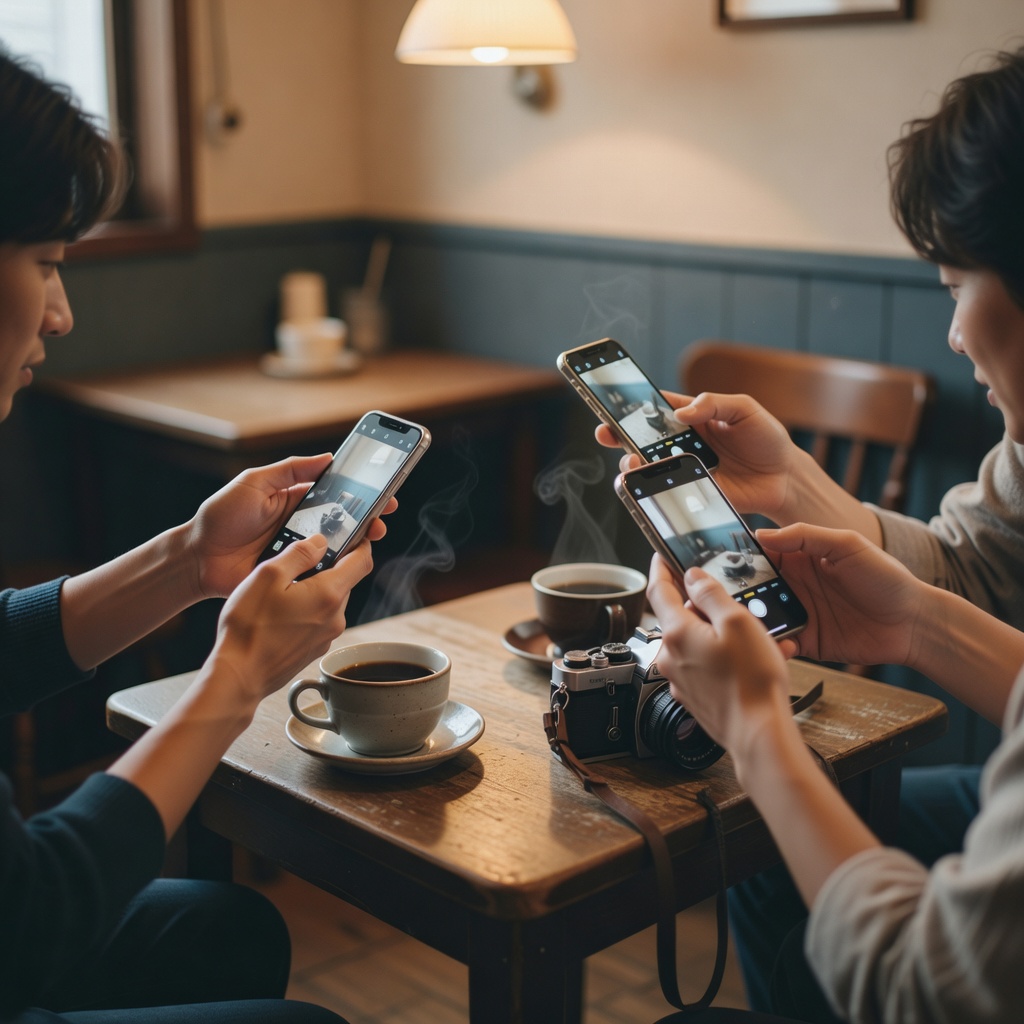 歩き終わりの、喫茶店。近くの古い喫茶店に入って、コーヒーを一杯だけ。スマホやカメラの画面をのぞき込みながら『今日の一枚』を見せ合います。無理に話さなくていい。写真が、会話のきっかけを作ってくれます。