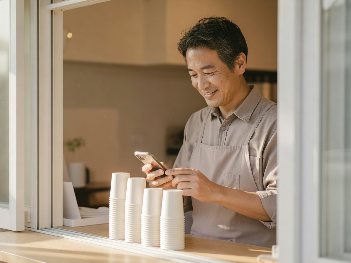 冷えたドリンクを笑顔で受け取るお客様の一杯