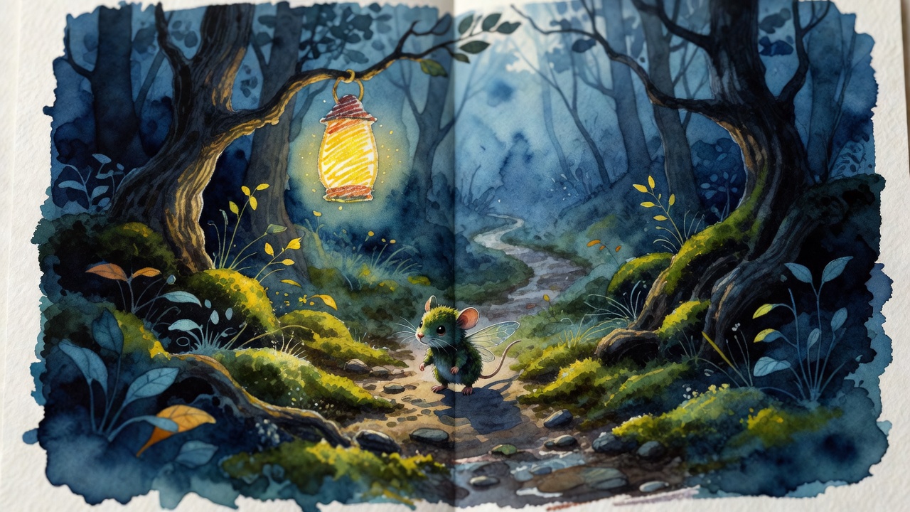 夜の森を歩く見開き原画。水彩の青にクレヨンの灯をひとつ