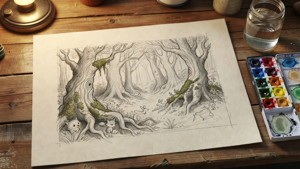 表紙のラフ。色を重ねる前の、鉛筆と余白の下描き