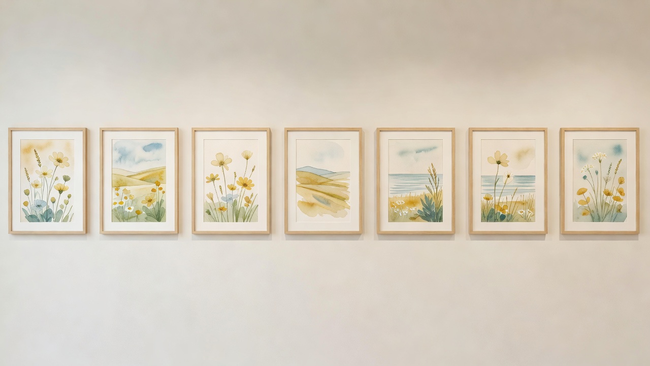 原画展の壁。額装された絵が一列に並ぶ