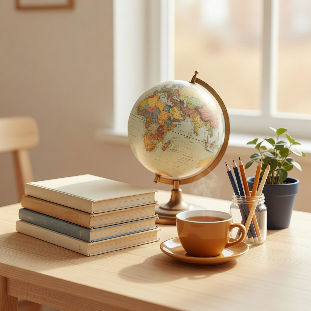 窓辺の学びの道具 ー 読み込まれた絵本と地球儀。ここから、それぞれの英語がはじまります