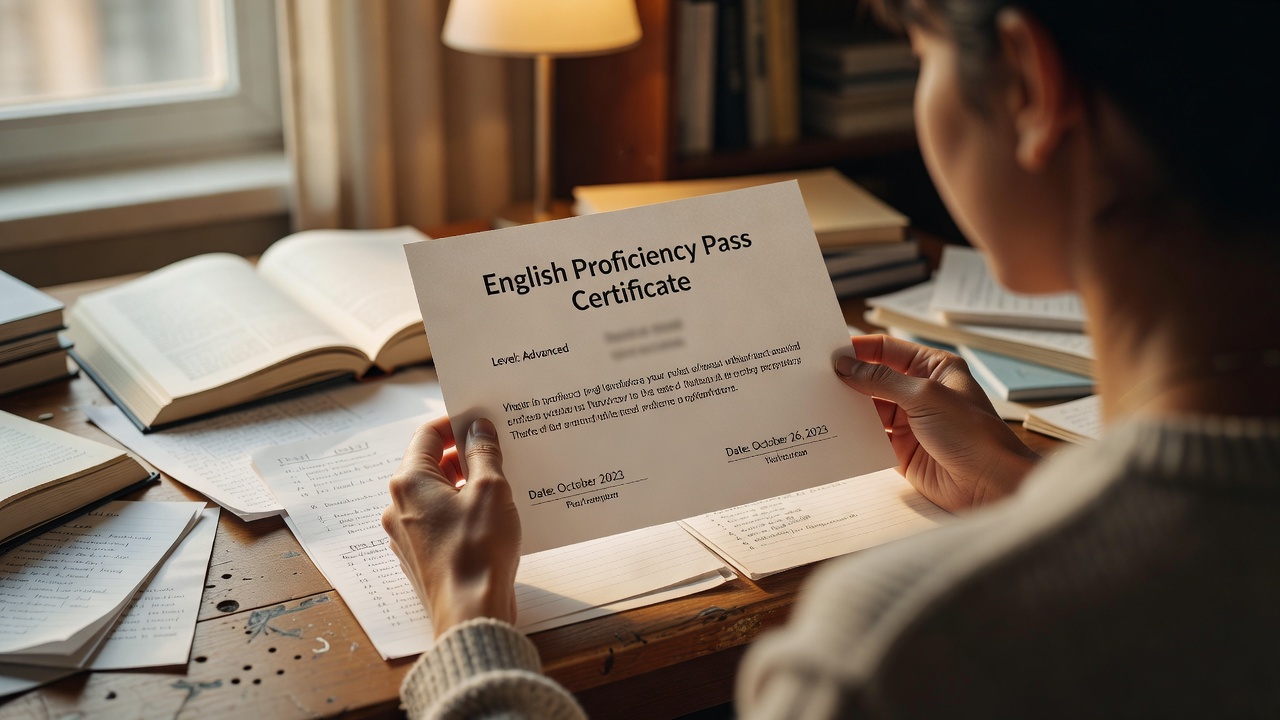壁に合格級ごとに並べられた英検合格証書の掲示コーナー