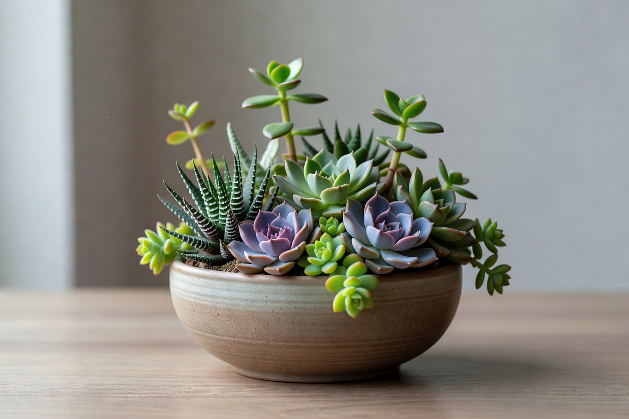 多肉植物の寄せ植え、色と背丈を組み合わせた小鉢