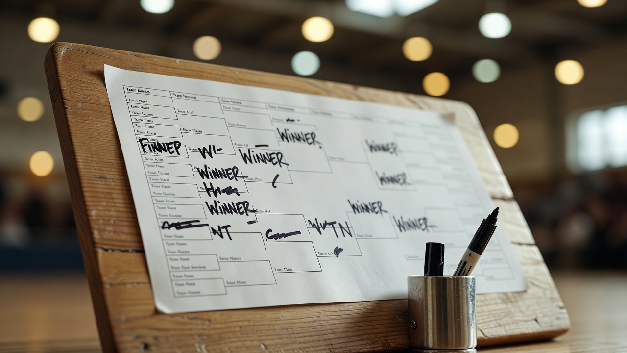 トーナメントの勝ち上がりが書き込まれたブラケットボード