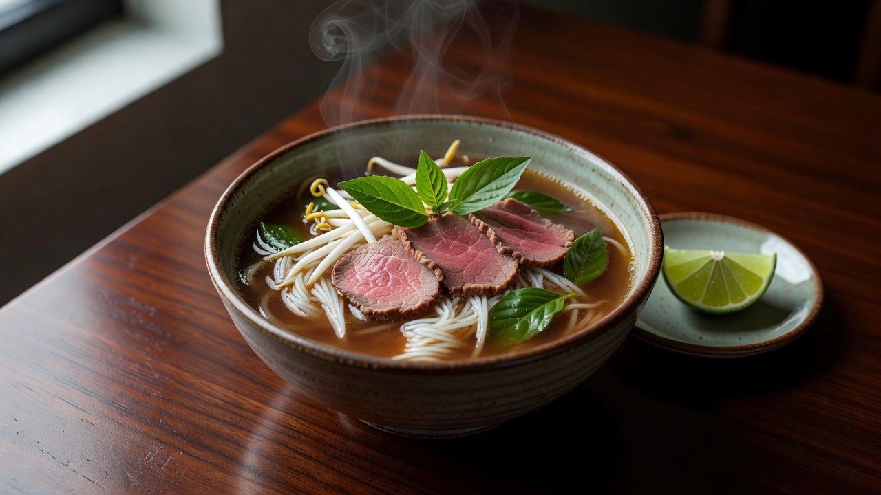 牛肉のフォー。牛骨を8時間煮込んだ澄んだスープに、米麺と香草を添えて。