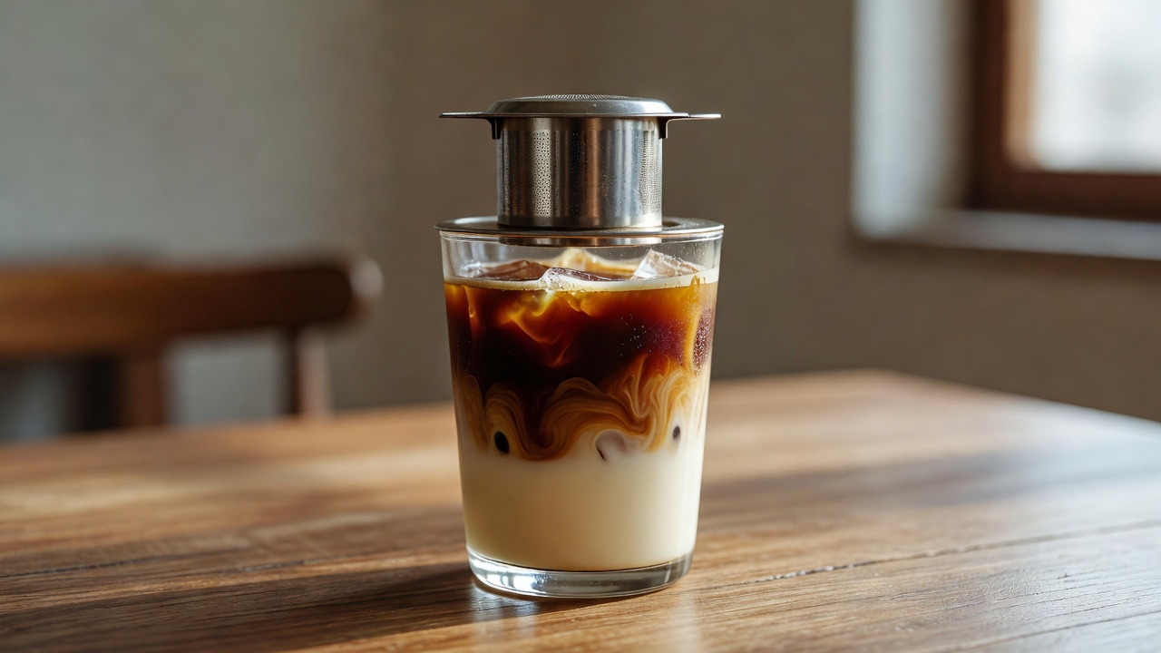 ベトナムコーヒー。専用フィルターで一滴ずつ落とし、練乳と合わせた食後の一杯。
