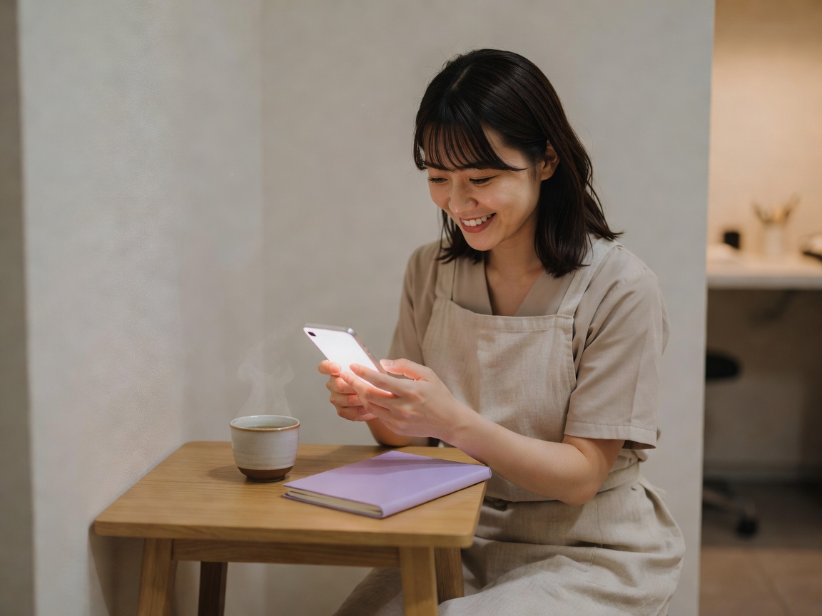 仕上がりを鏡で確認して笑顔になるお客様と施術者の様子