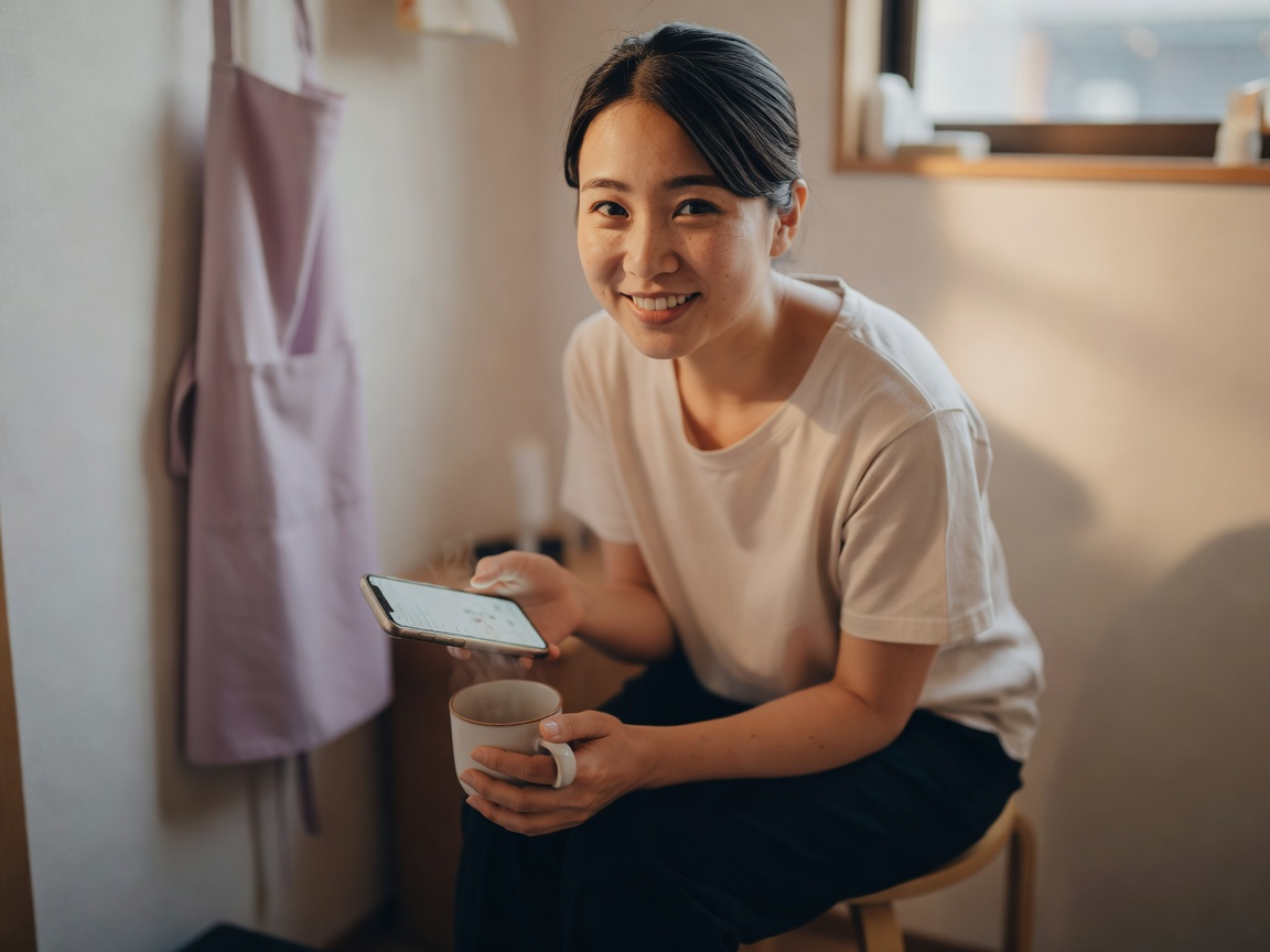 仕上がりを鏡で確認して笑顔になるお客様の目元