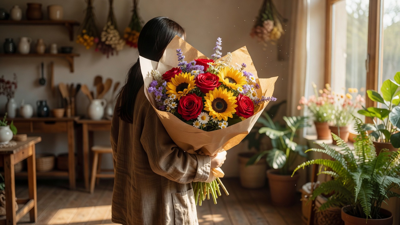 持ち帰り用に包まれた生花アレンジと花束