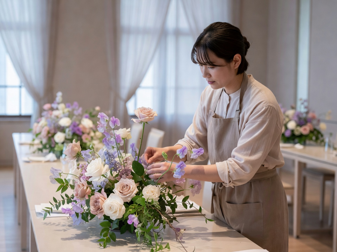 花に囲まれた制作中のアトリエの空間