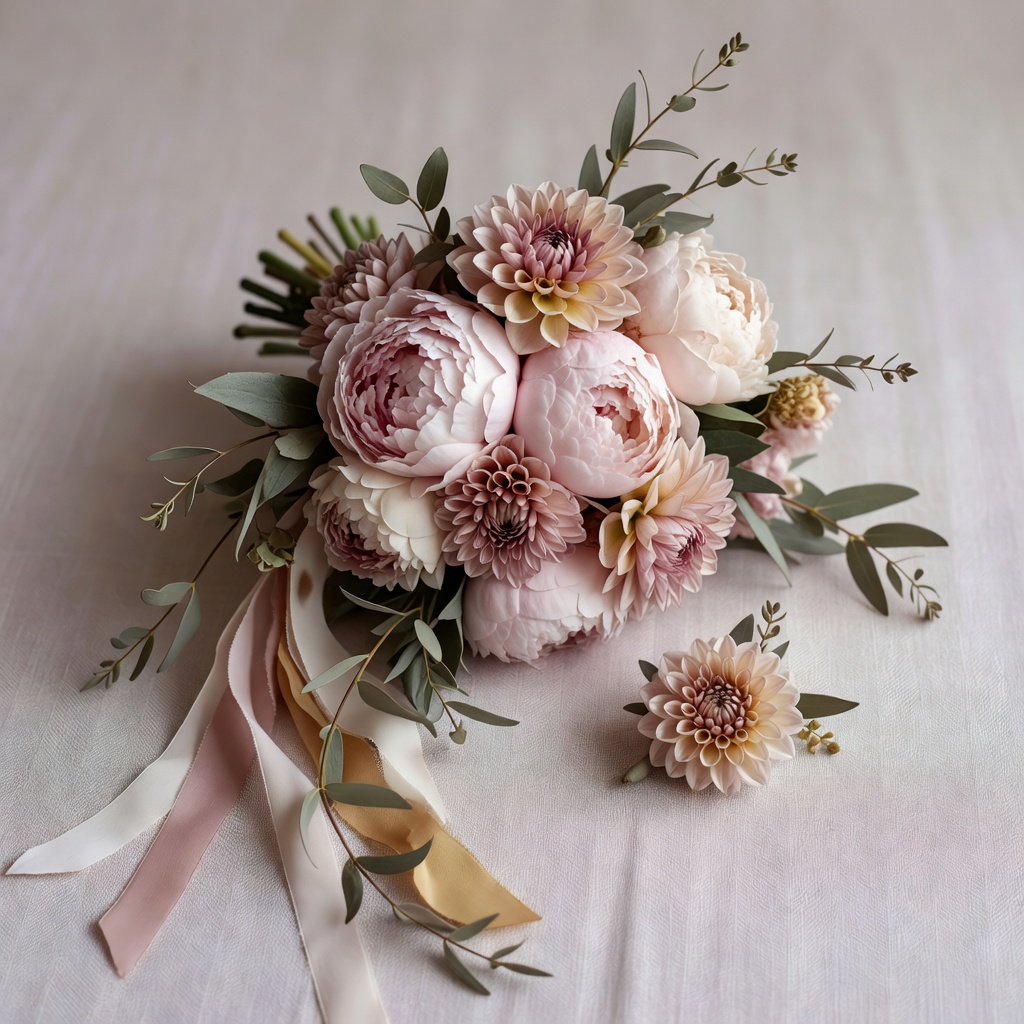 ウェディングブーケ ー 芍薬とダリアのクラッチブーケ。挙式のドレスと会場の光に合わせて、当日いちばんきれいな色で。ブートニアもお揃いで