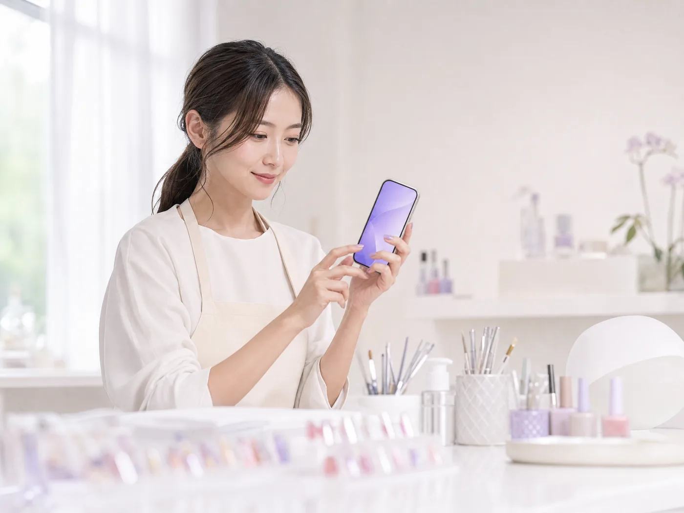 スマホで自分の集客ページを確認するネイリスト