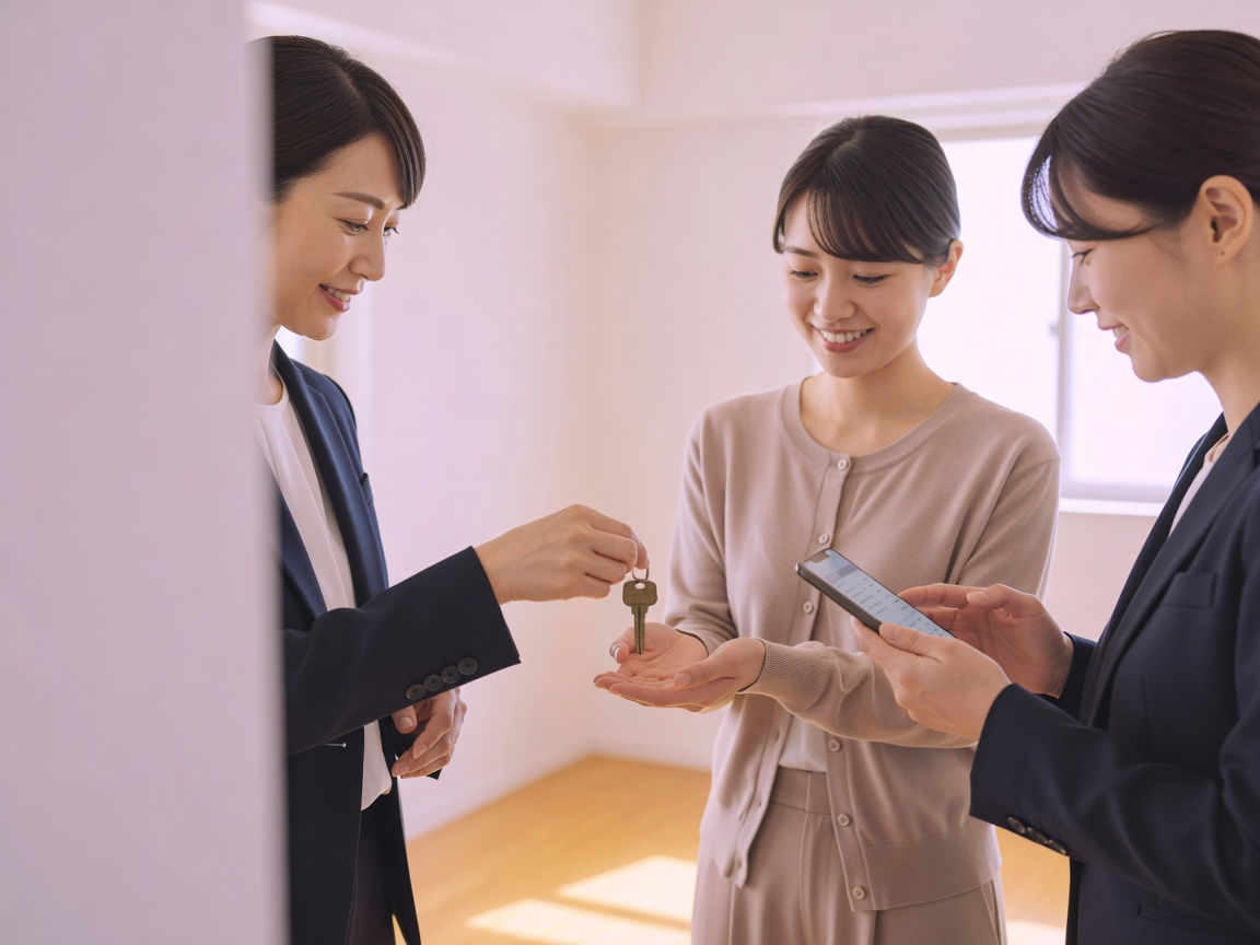 引き渡しを終え笑顔で握手する売主とのワンシーン