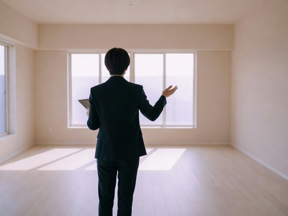 取扱エリアの街並みを背に立つ不動産担当者の写真