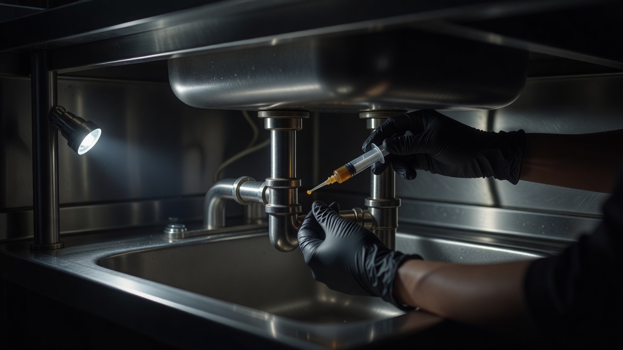 飲食店の厨房裏、配管の隙間にベイト剤を仕込みゴキブリの発生源を断つ施工