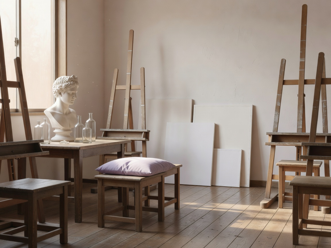 自然光の差し込むアトリエ兼絵画教室の制作空間