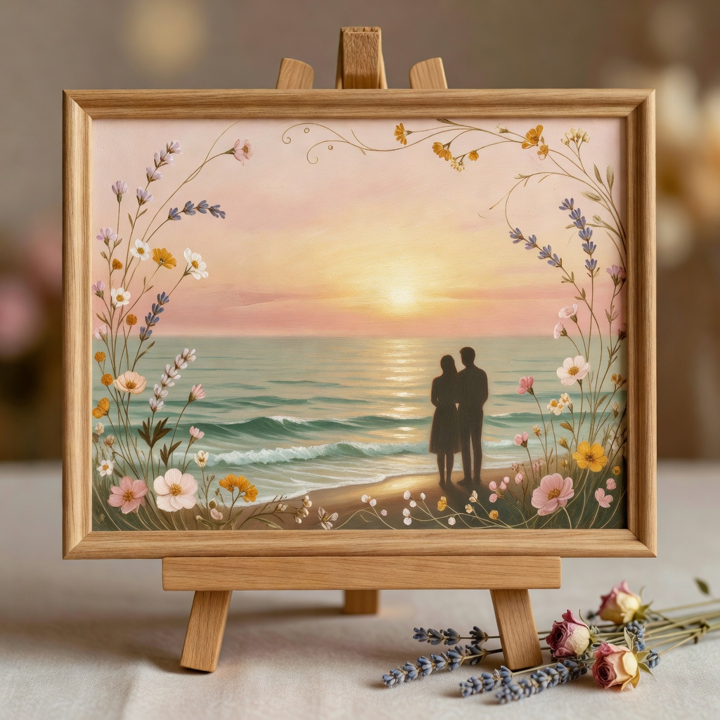 結婚式のウェルカムボード（油彩・額付き）。挙式の日の海の色に合わせて。式のあとは、おふたりの家の玄関へ。