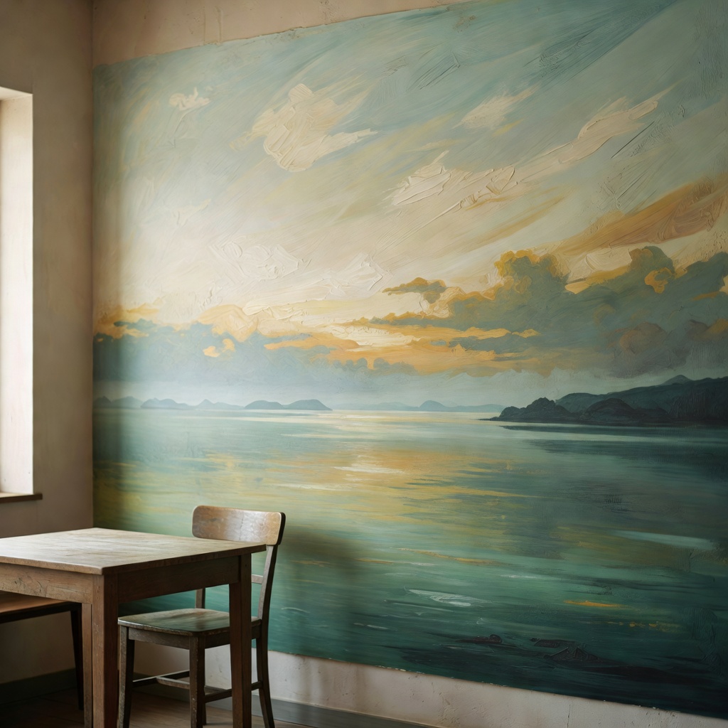 海辺のカフェの壁画。壁一面に、朝から夕までうつろう瀬戸内の空を。お店の「顔」になる一枚を、その場で描きます。