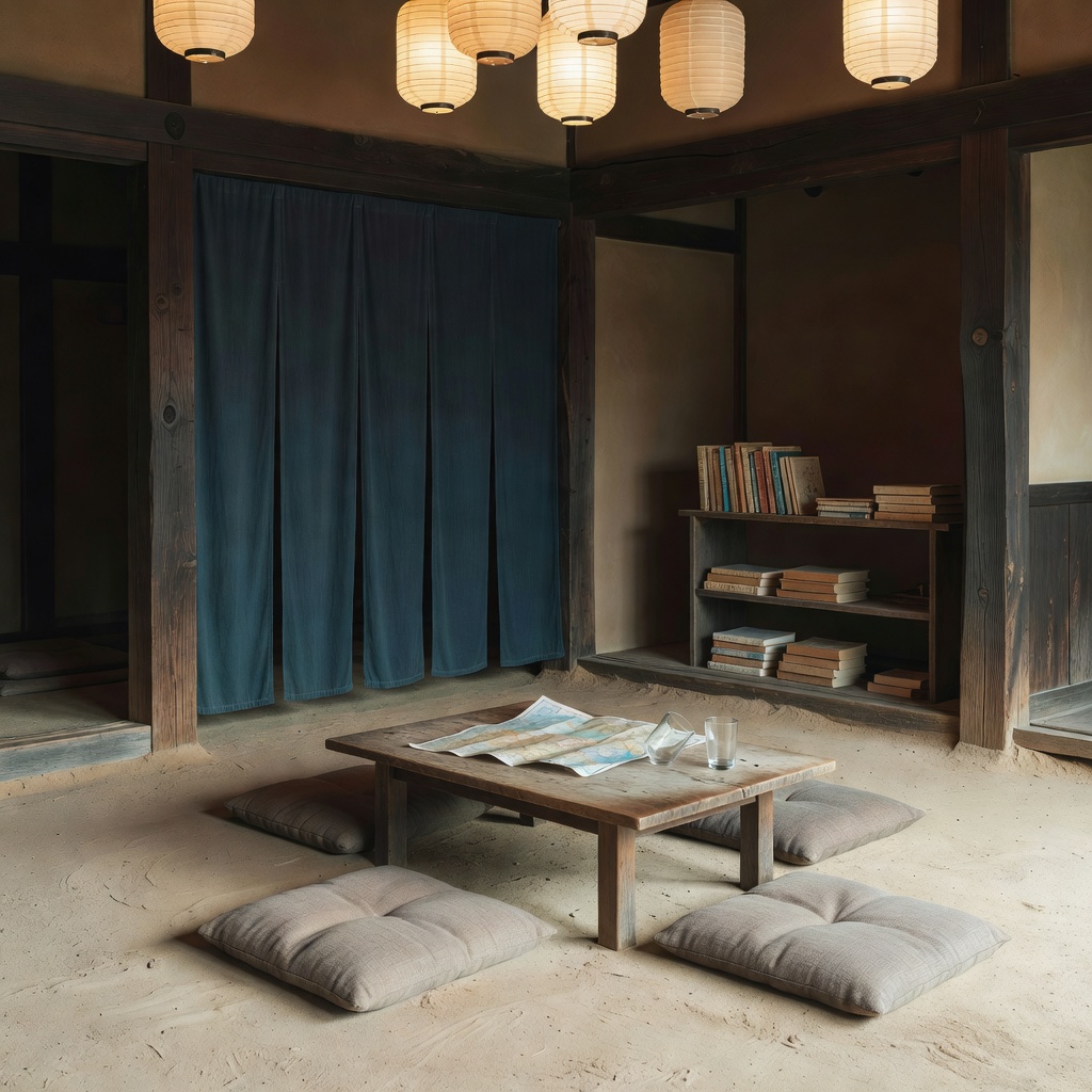 土間のラウンジ ー 靴を脱いで上がる大きな土間。夜はここに旅人が集まって、地図を広げたり一杯やったり
