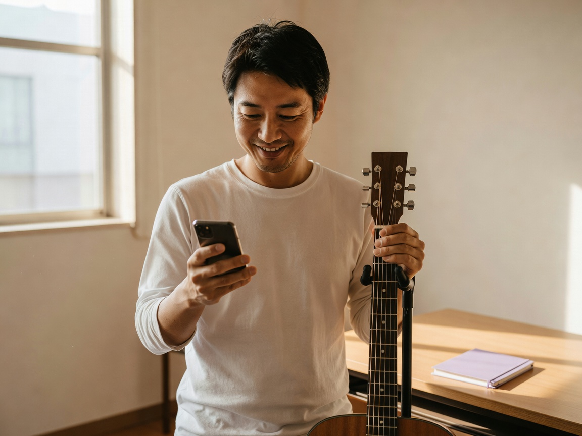 発表会のステージで一曲を弾き終えて笑顔になる大人の生徒
