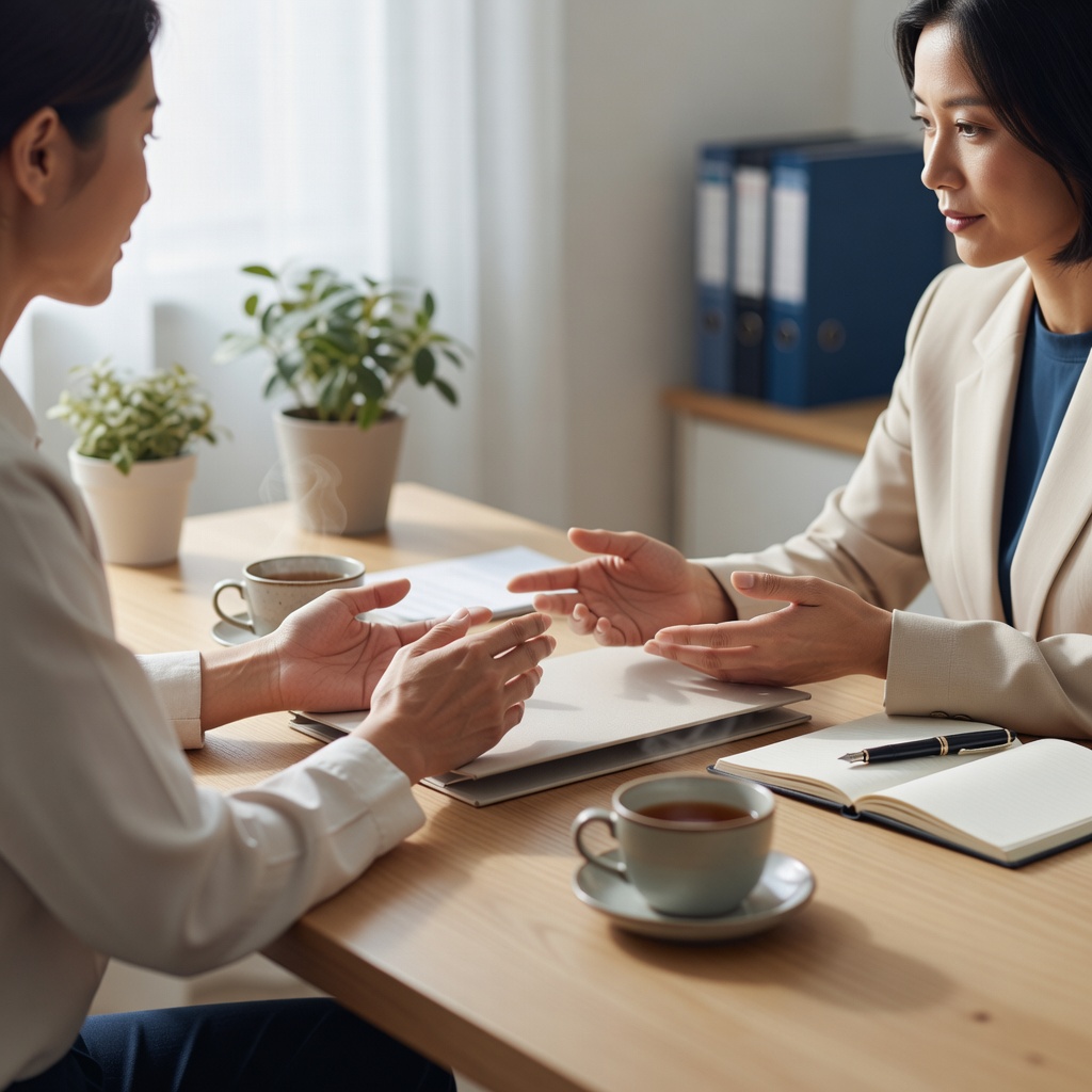 相談の風景 ー 面談は、いつもこの机で。お茶を一杯おきながら、あなたのペースで。急かしません。