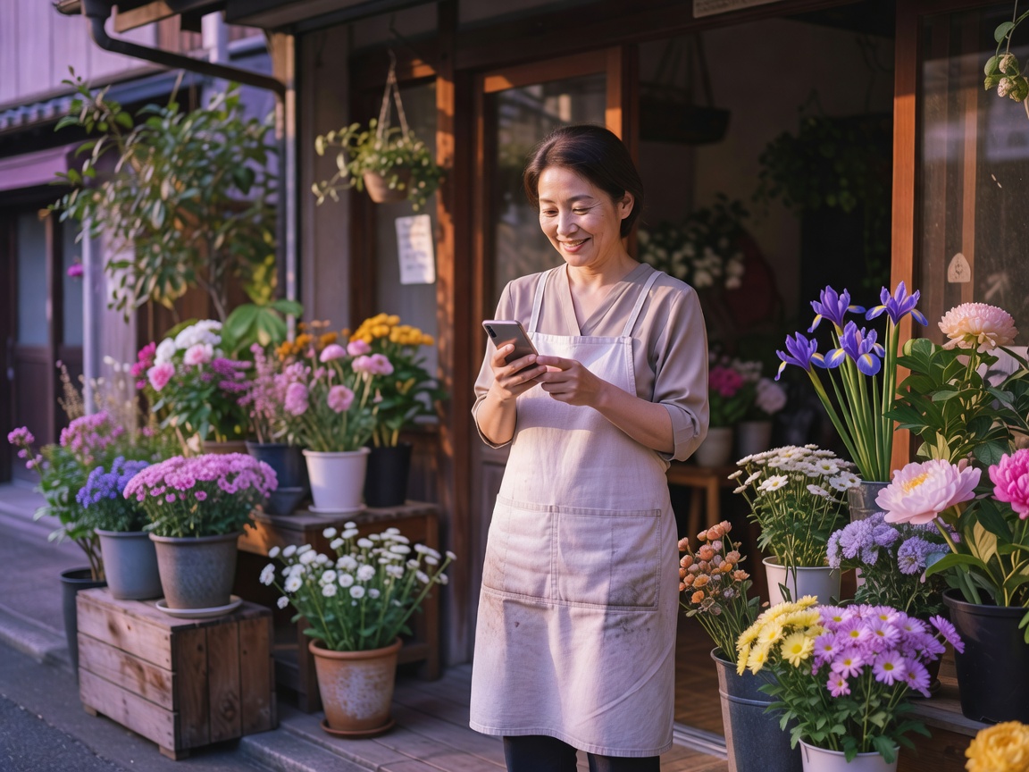 花束を受け取り笑顔になるお客様と店主のひととき