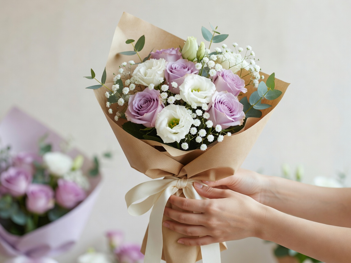 季節の花で束ねたブーケを両手で差し出すフローリスト