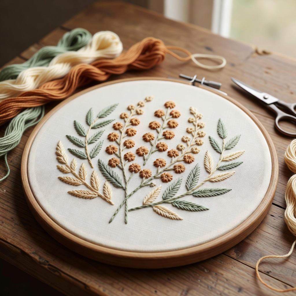 植物刺繍のフープ。庭のミモザやユーカリを、糸の重なりで一針ずつ。飾ればそのまま額になる、はじめてさんに人気の一枚。