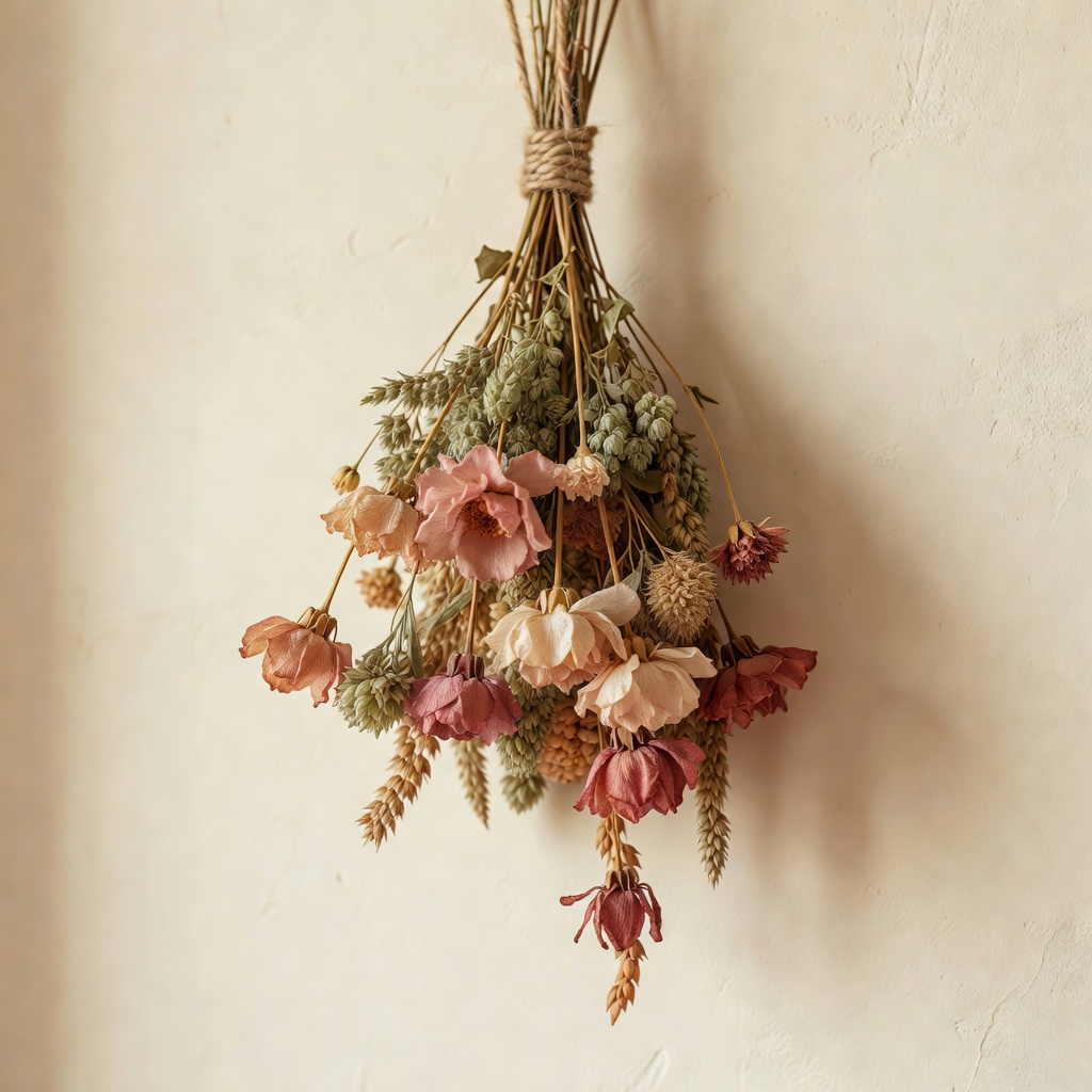 ドライフラワーのスワッグ。季節の花を束ねて逆さに吊るすだけ。枯れてゆく色も愛おしい、暮らしに寄り添う花飾り。