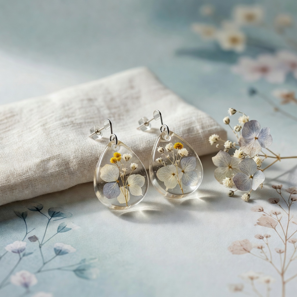 押し花レジンのピアス／イヤリング。あじさい・かすみ草・ミモザを、透けるレジンにそっと閉じ込めて。光にすかすと花影がゆれます。金具はすべてサージカルステンレスか樹脂から選べます。