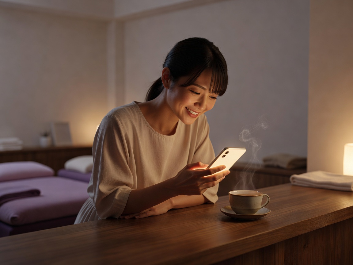 施術後にアフターティーで安らぐ、眠りから覚めたお客様の表情