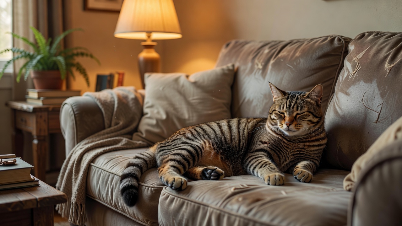 一時預かり宅のリビングでくつろぐ、人馴れが進んだ元野良の成猫