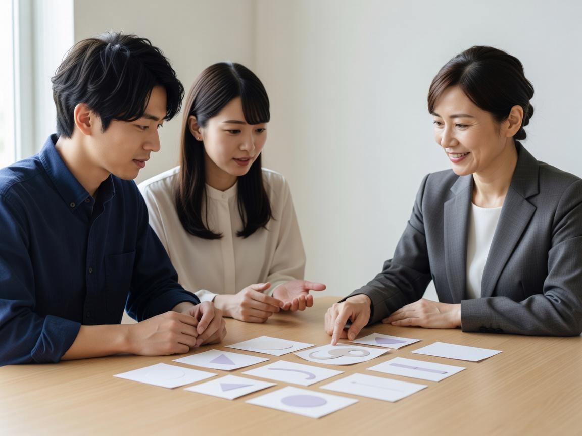 相談テーブルで保険証券を広げ、顧客に寄り添って見直しを説明する保険募集人