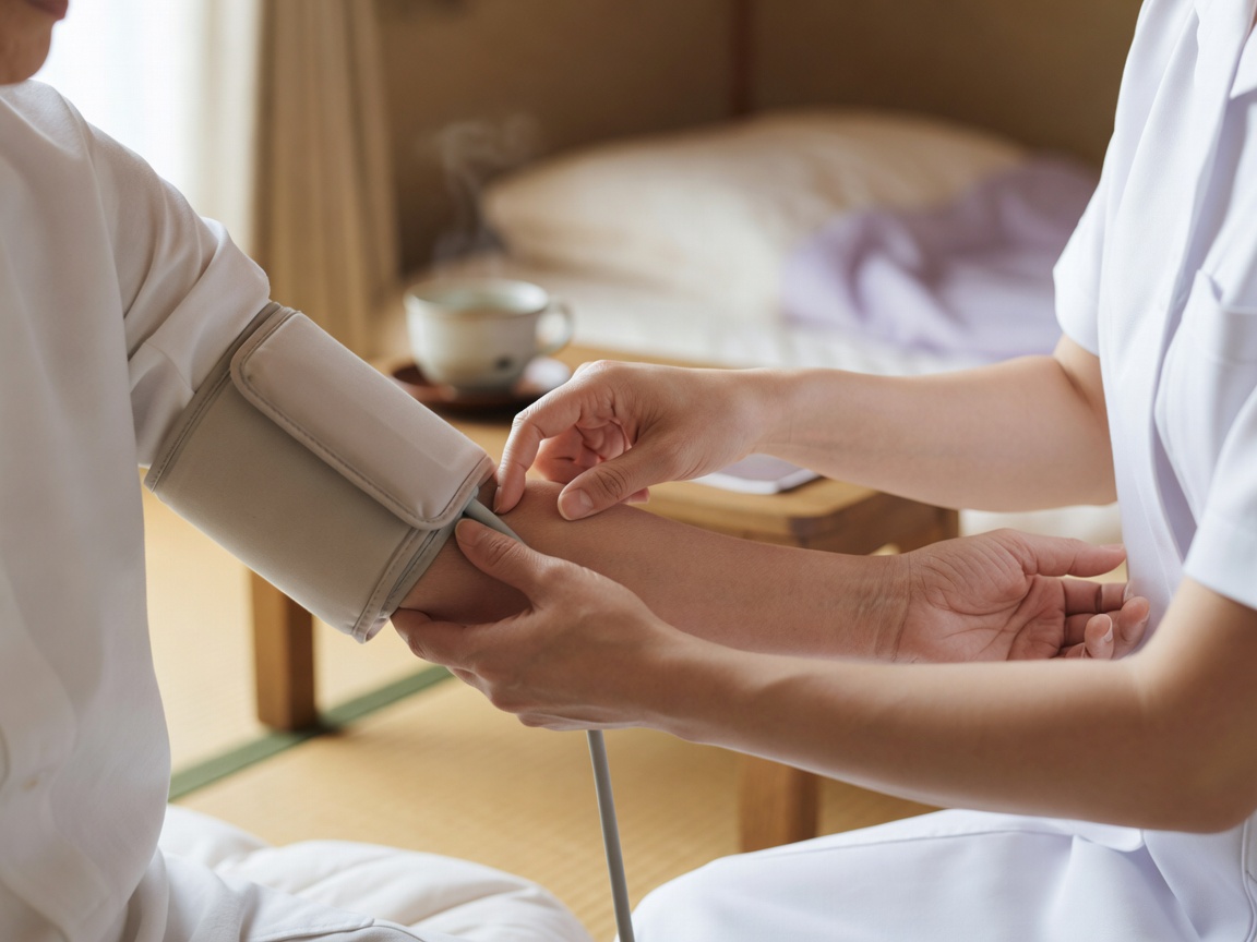 利用者宅で血圧を測り体調を確認する訪問看護師