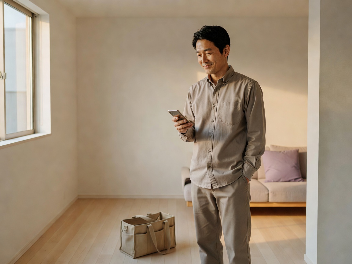 作業を終えた清掃スタッフと、きれいになった水回りに笑顔で頷く依頼主