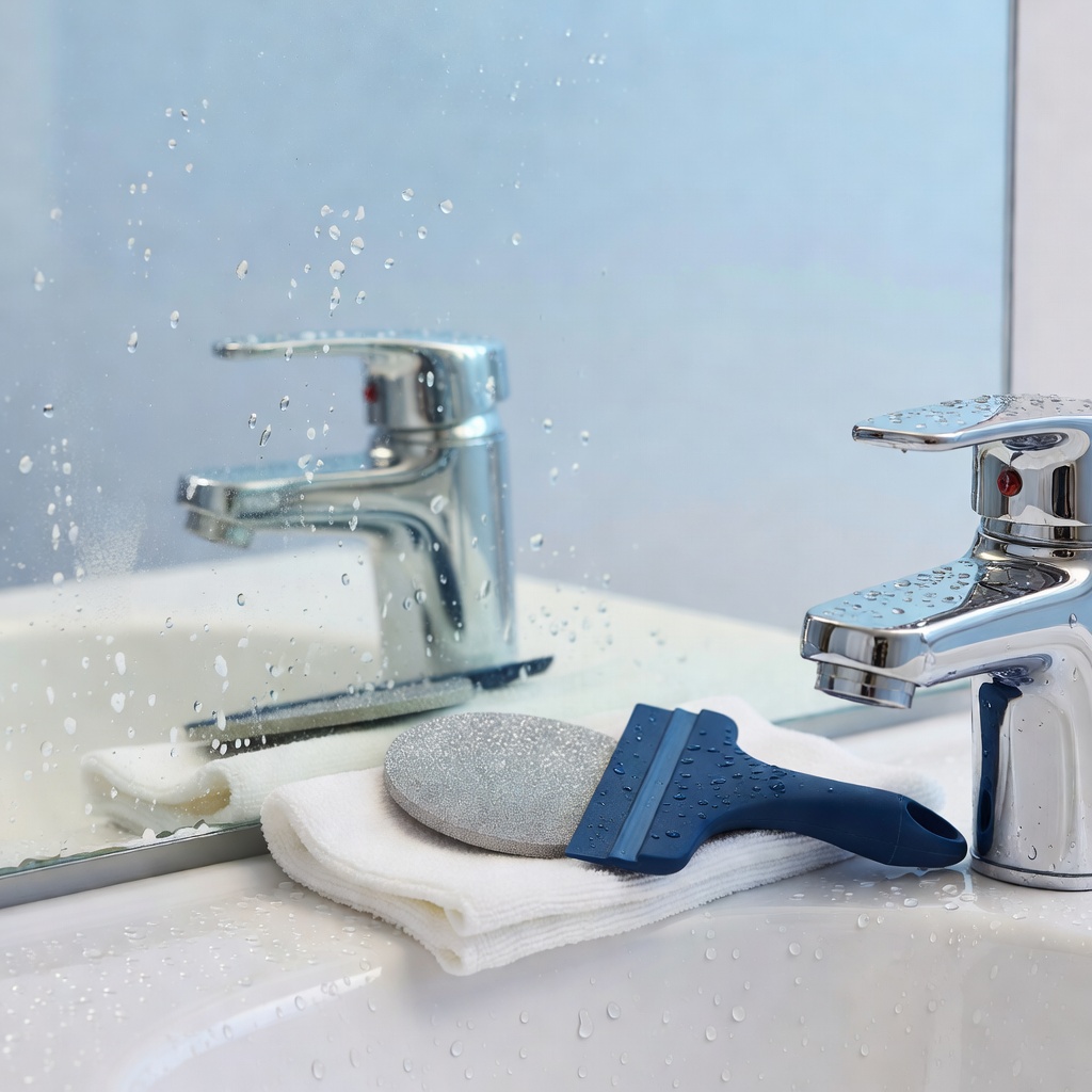 鏡のウロコ・蛇口の水垢取り ー 家庭では絶対に落ちない、白く曇った水垢（スケール）。専用のダイヤモンドパッドで研磨し、映り込むほどの透明感に。「新品に替えたと思われた」お客様の声多数。