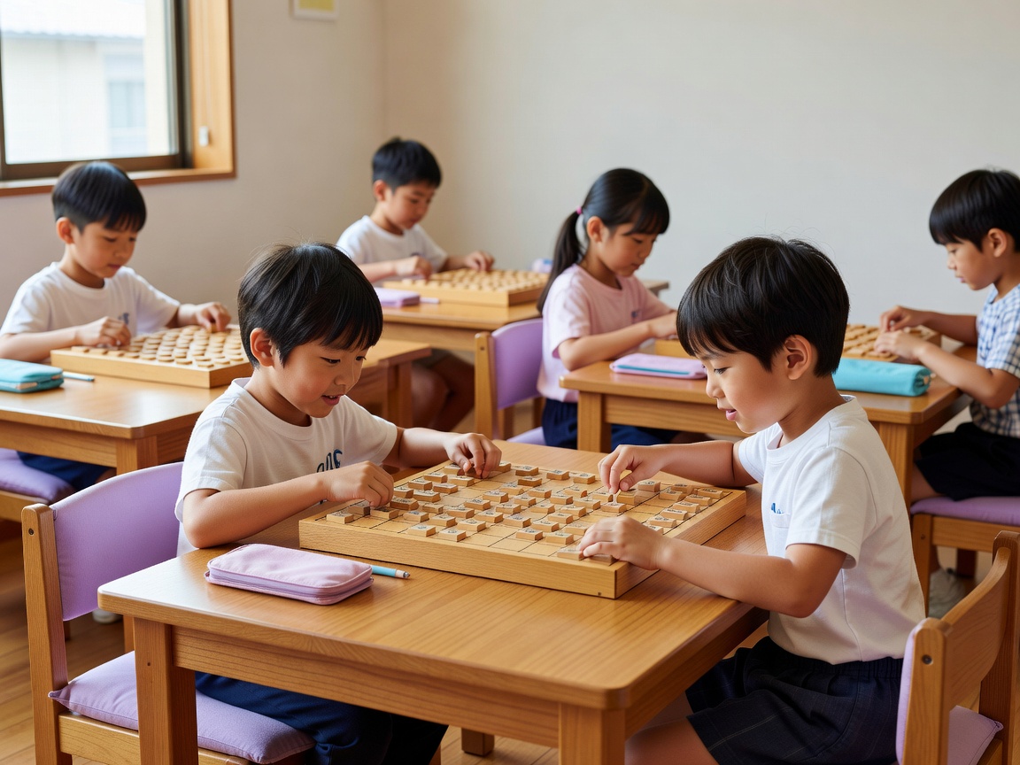 碁石と碁盤、将棋の駒が並ぶ落ち着いた和風の教室空間