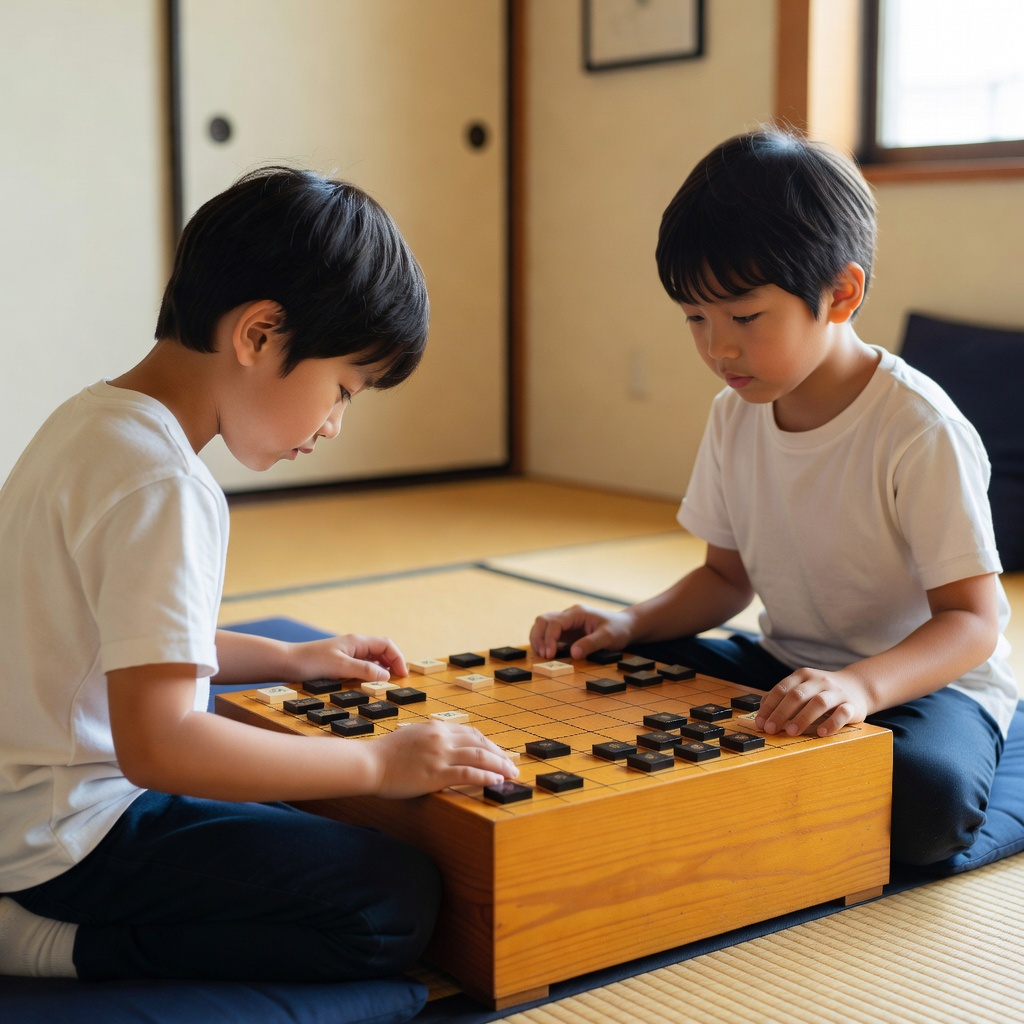 こども将棋クラスの対局 ー 土曜の午前、五歳から中学生まで。「負けました」ときちんと頭を下げてから、一局のふりかえり。勝ち負けより、投了のあいさつと、悔しさを次の一手に変える力を育てます